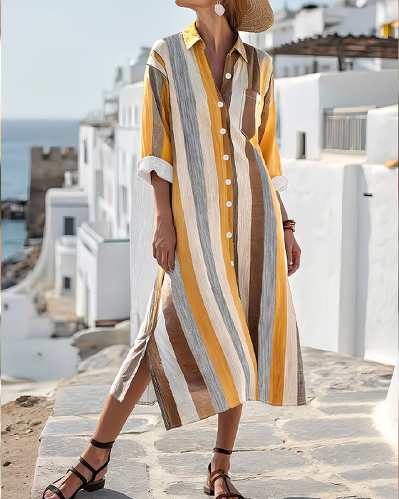 Kleid Lässig Gestreift Revers Midi-Länge