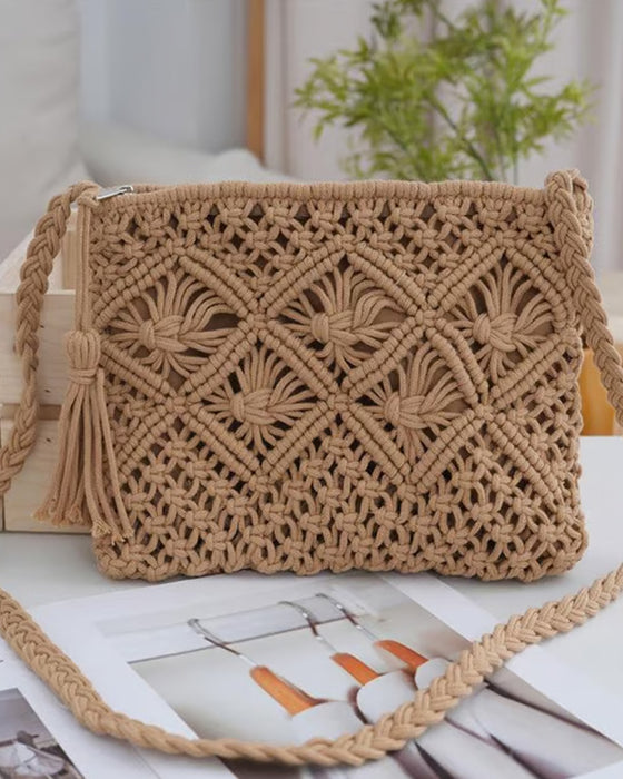 🏆Blitzangebot⚡Minimalistische Quasten Damenclutch – Retro Tasche aus Baumwollseil Geflochten Boho Strandtasche für den Sommerurlaub