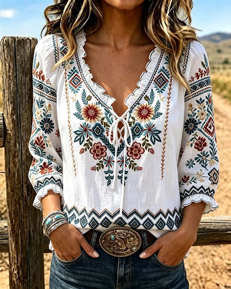 Bluse V-Ausschnitt Bohemian Rüsche