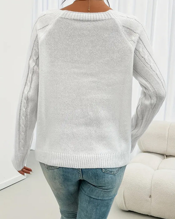 Pullover Uni Raglanärmel Schnalle Zopfmuster