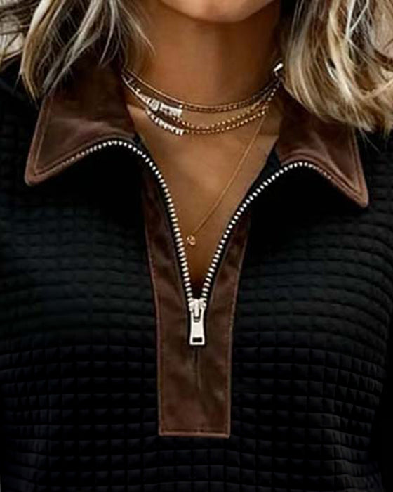 Sweatshirt Revers Reißverschluss Tasche Farbblock