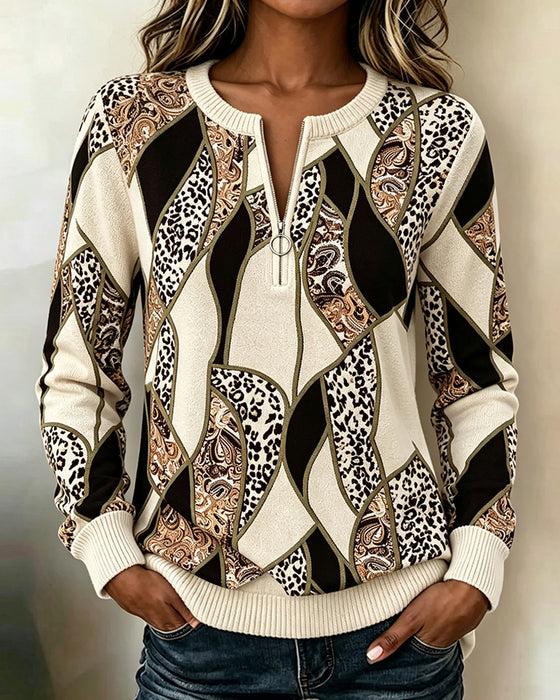 Sweatshirt Rundhals Reißverschluss Leopardenmuster Patchwork