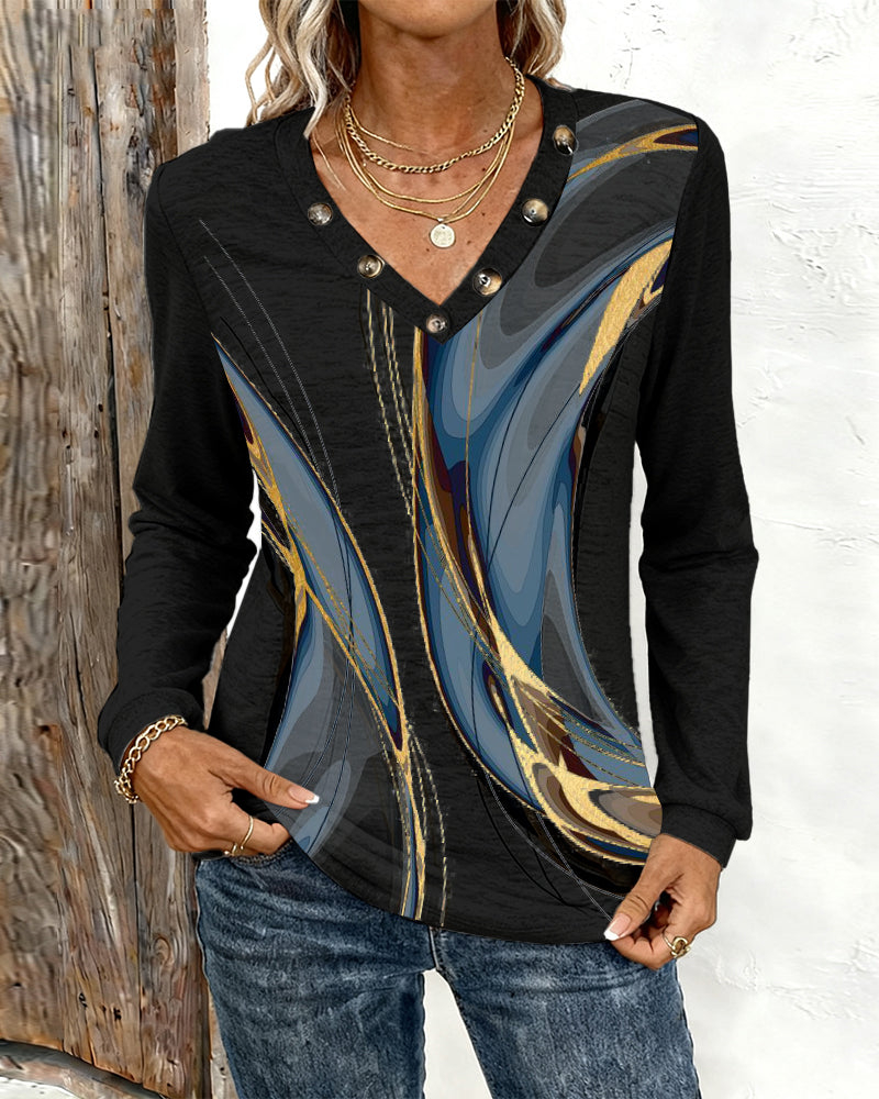 Bedrucktes Casual-Top mit V-Ausschnitt und langen Ärmeln