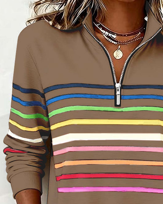 Modisches Sweatshirt Mit Halbem Reißverschluss Und Regenbogenstreifen
