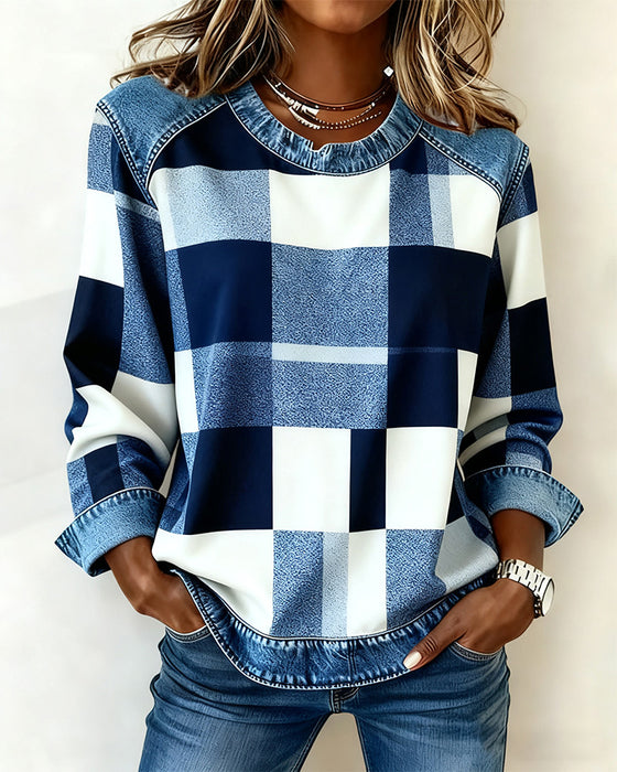Sweatshirt mit Karo-Patchwork und Kontrastfarbe