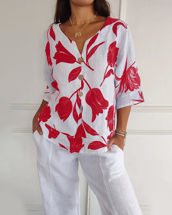 Button-Down-Oberteil aus Baumwolle und Leinen mit Blumendruck