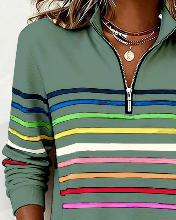 Modisches Sweatshirt Mit Halbem Reißverschluss Und Regenbogenstreifen