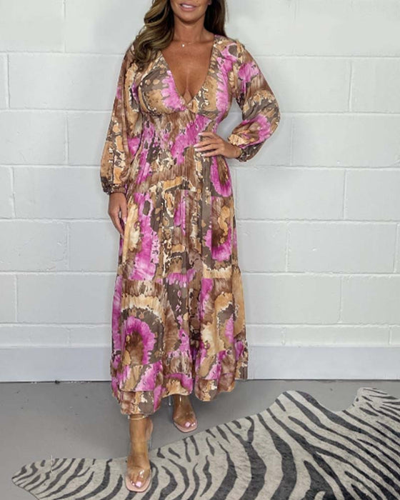 Tiefes V Buntes Langes Kleid