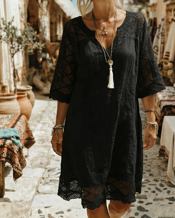 Kleid V-Ausschnitt Spitze Patchwork Lässig