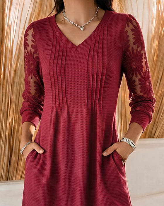 Kleid V-Ausschnitt Gerafft Patchwork