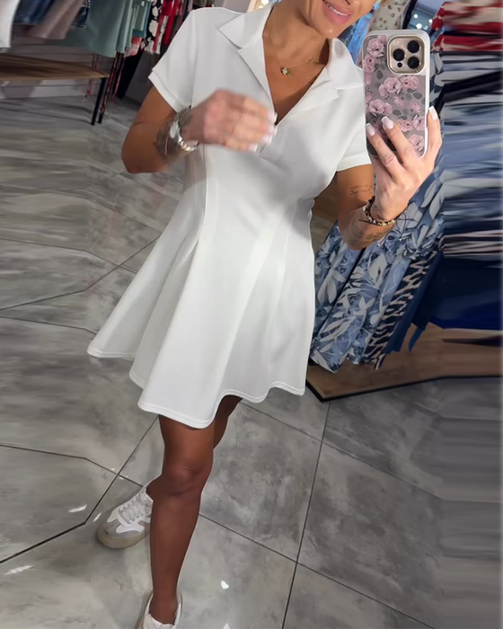 Kleid Revers Kurzarm Plissiert A-Linie