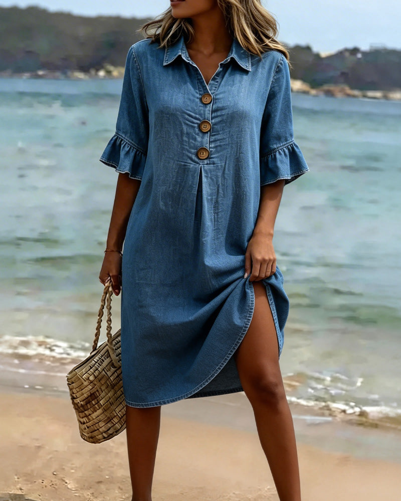 Kleid Denim Rüschenärmel Hemd