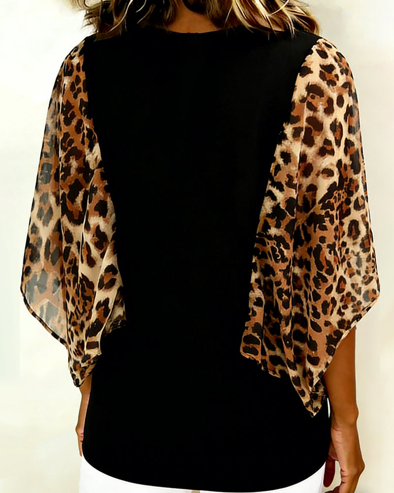 Bluse Fledermausärmel Leopardenmuster Patchwork