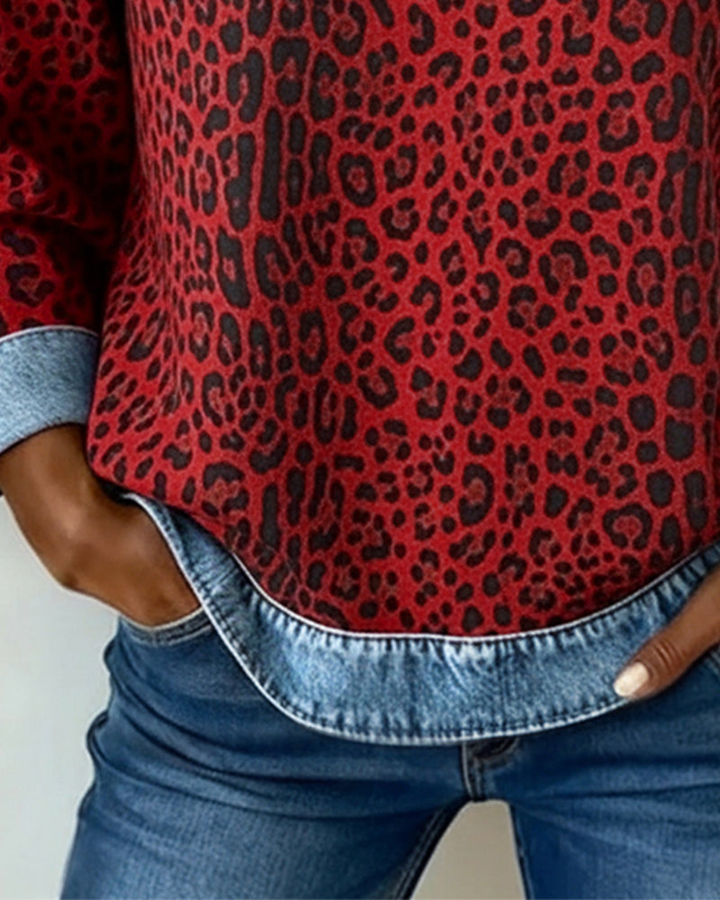 Sweatshirt Leopardenprint Denim Patchwork