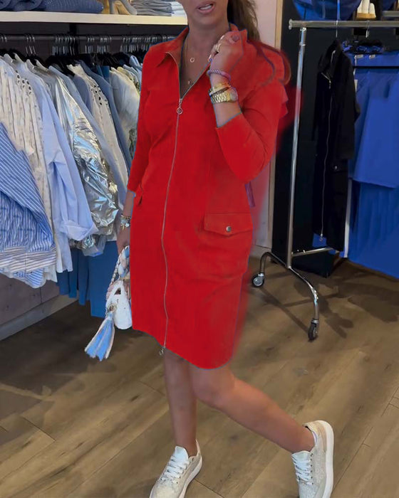 Kleid kragen einfarbig reißverschluss langarm