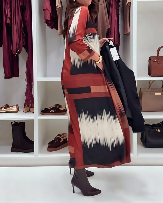 Modisches bedrucktes Kleid mit Rundhalsausschnitt und langen Ärmeln