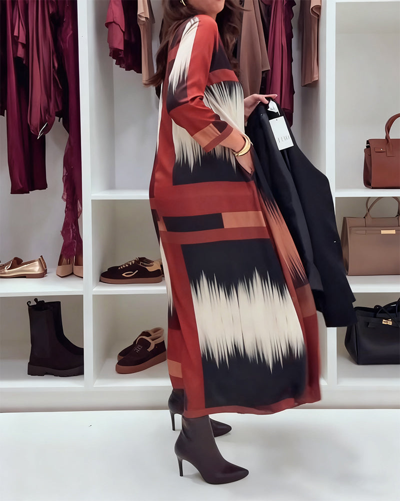 Modisches bedrucktes Kleid mit Rundhalsausschnitt und langen Ärmeln