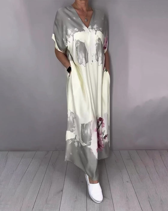 Kleid Tinte Waschen Pfirsichblüte V-Ausschnitt Maxi