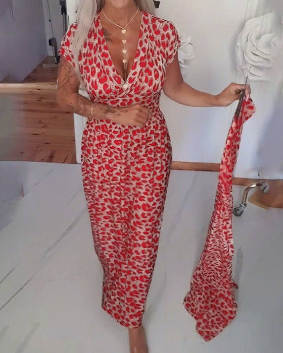 Elegantes Kleid mit Leopardenmuster und V-Ausschnitt