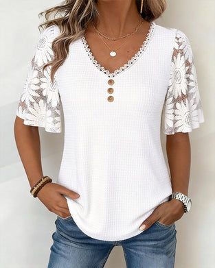 Bluse Spitze Gänseblümchen Patchwork V-Ausschnitt