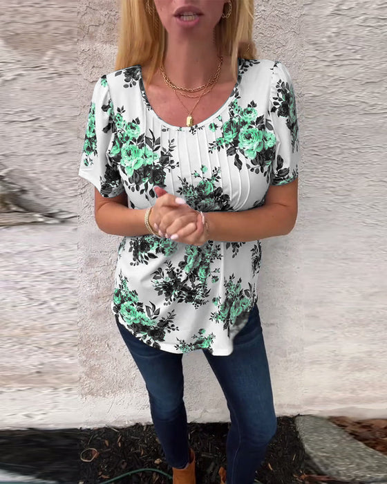 T-Shirt mit Rundhalsausschnitt Blumenmuster plissiert
