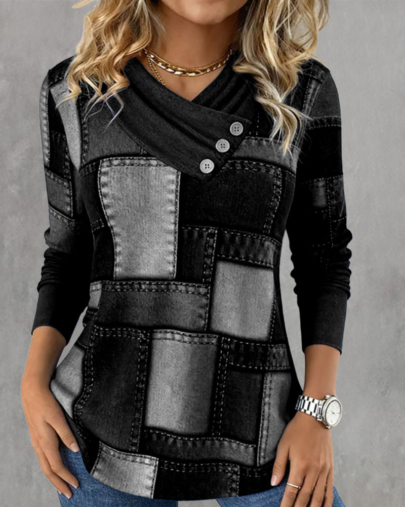 Langärmliges Top mit V-Ausschnitt und Kontrast in Uni