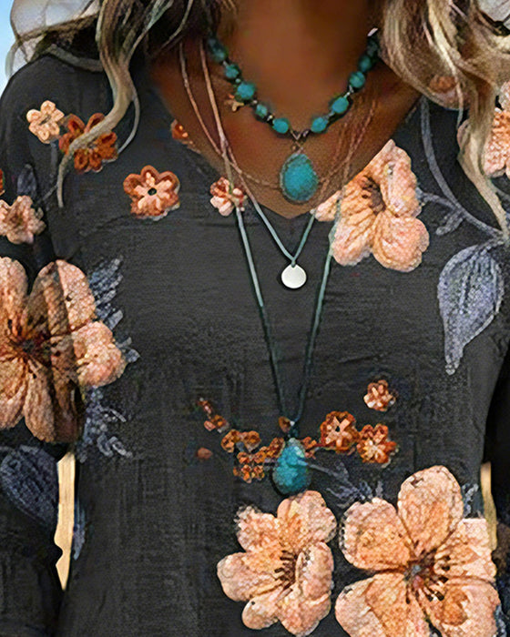 Bluse V-Utringning Vintage Blomstret Loose Fit