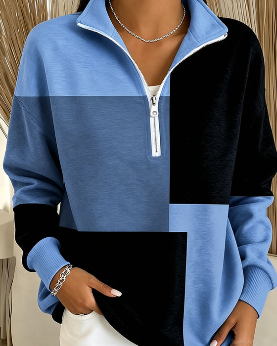 Sweatshirt Karo Farbblock Reißverschluss Stehkragen