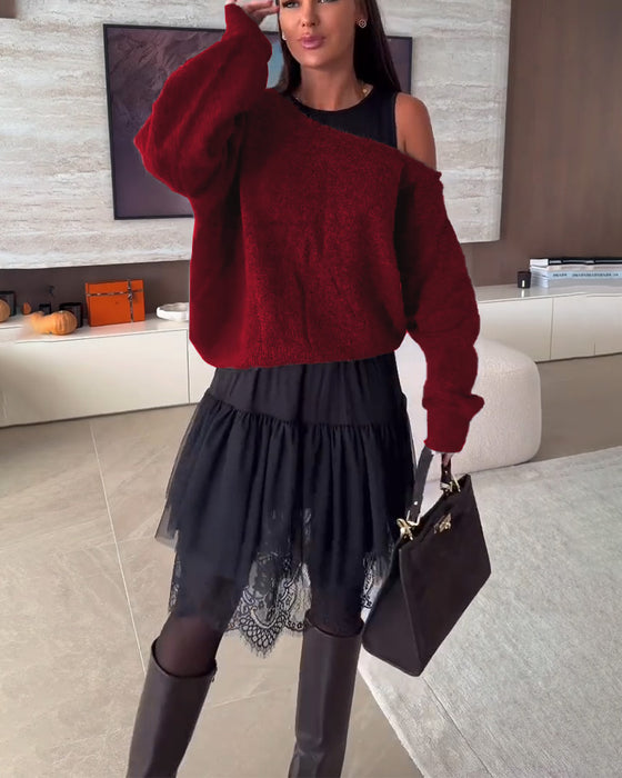 Off-Shoulder Locker Pullover & Spitzensaum Kleid