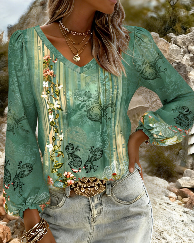 Bluse Floral V-Ausschnitt Puffärmel