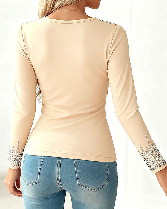 Top Modisch V-Ausschnitt Diamant Langarm
