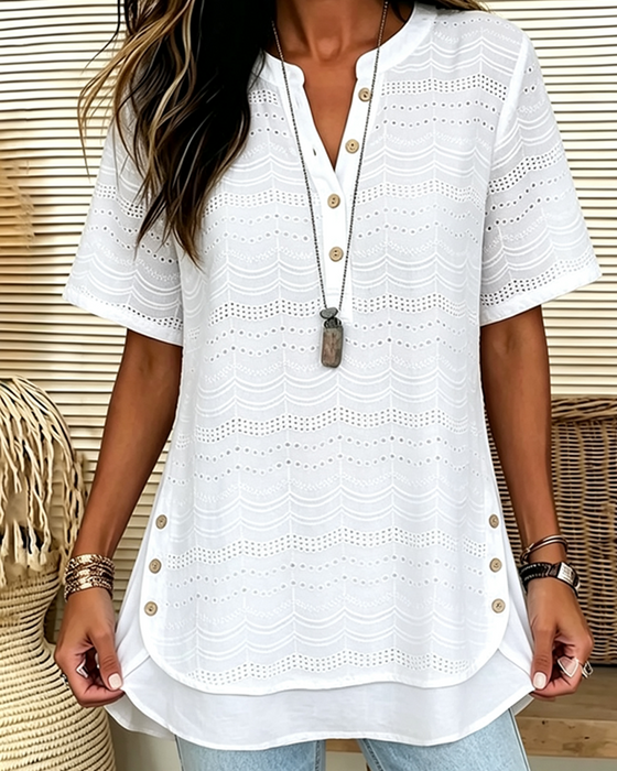 Bluse Einfarbig V-Ausschnitt Knopf Hohl Hoch