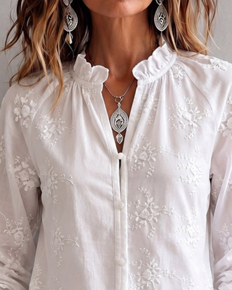 Bluse Rüsche Kante Mandarin Kragen