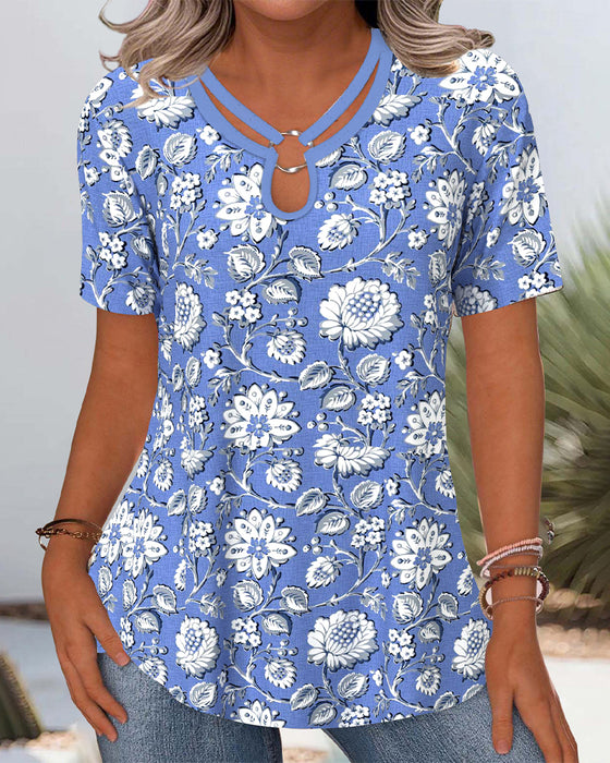 Bluse Rundhals Blumenmuster Ausschnitt Pendler