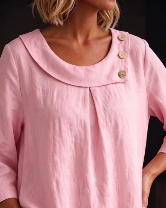 Bluse Rollter Saum Rundhals Knopf Locker