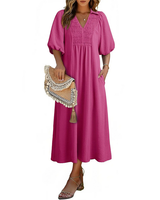 Kleid V-Ausschnitt Klappe Puff Ärmel Maxi