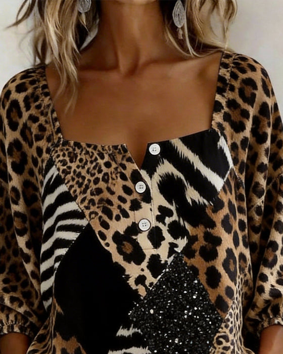 Bluse Quadratischer Ausschnitt Leopardenmuster Patchwork Paillette