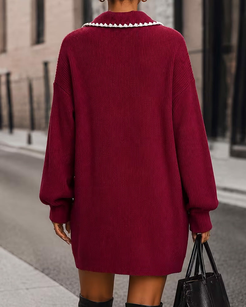 Strickkleid Revers Kontrast Laternenärmel