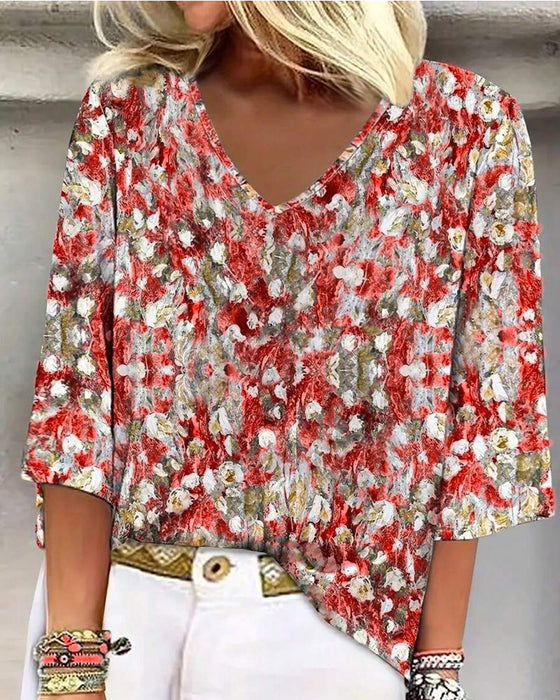 Bluse Blumendruck V-Ausschnitt Dreiviertelarm