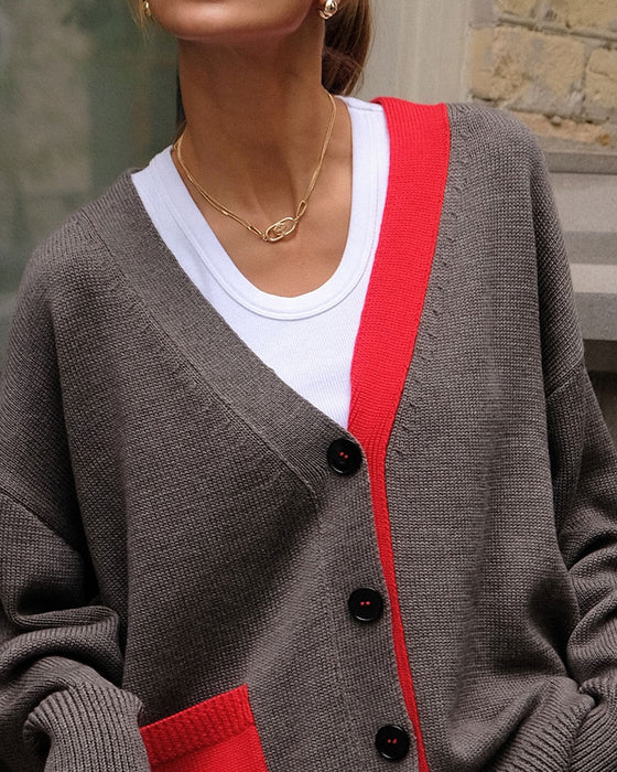 Strickjacke Kontrast V-Ausschnitt Knopf
