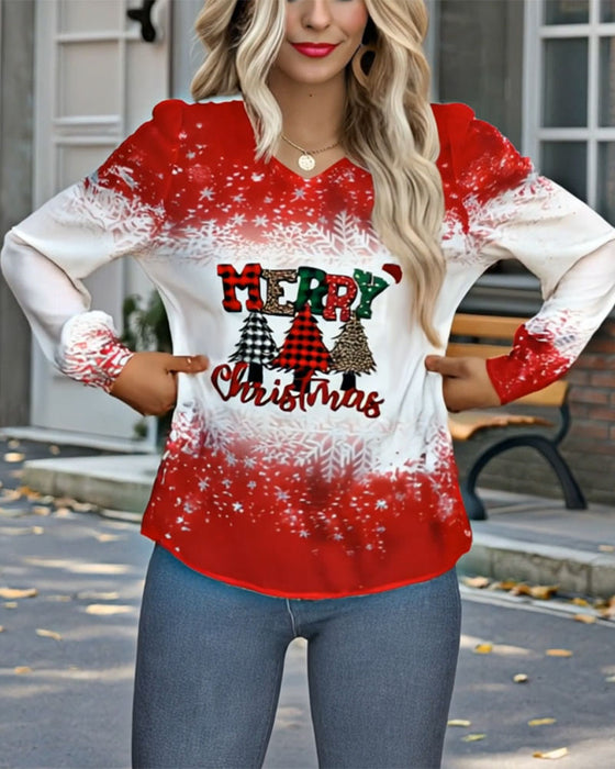 Top V-Ausschnitt Weihnachtsbaum-Print langärmlig