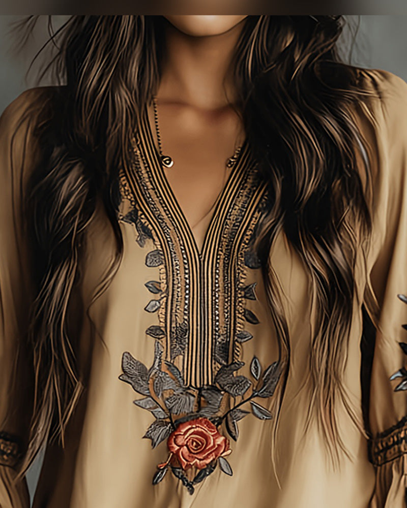 Bluse Rosenprint V-Ausschnitt Bohemisch