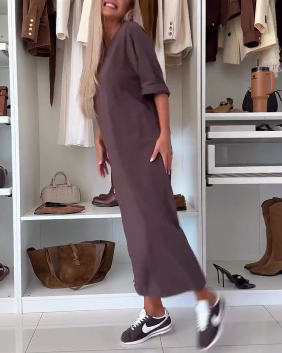 Kleid Uni Rundhals Schlitz Tunika