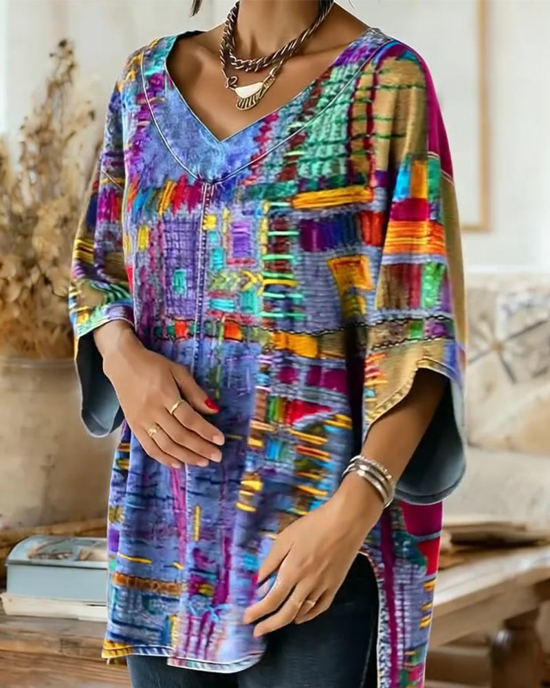 Bluse mit buntem geometrischem Druck und weiten Ärmeln