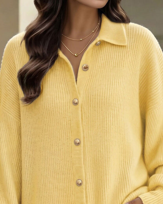 Cardigan Revers Knopf Laternenärmel Drop Schulter