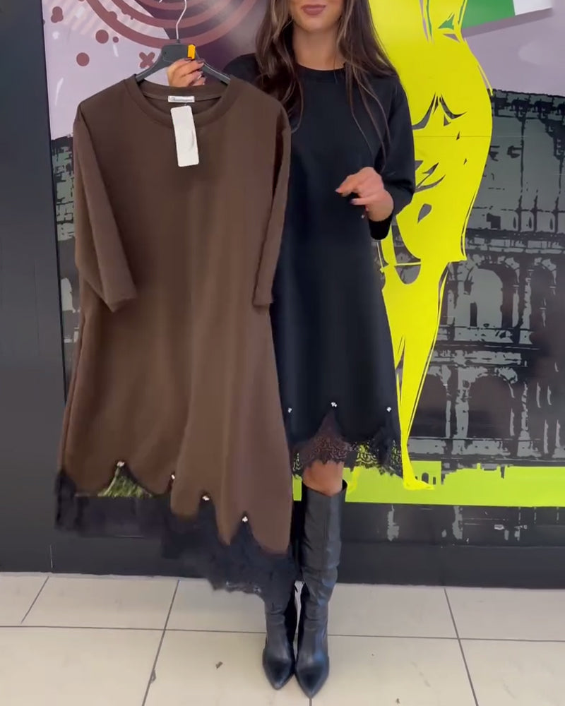 Kleid Elegant Spitze Gekreuzt Runder Halsausschnitt