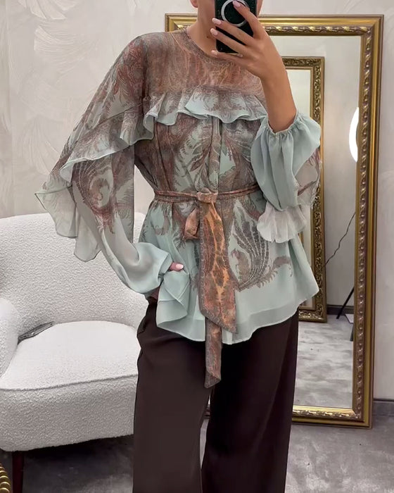 Elegante Bluse mit Print und Rüschen am Rundhalsausschnitt