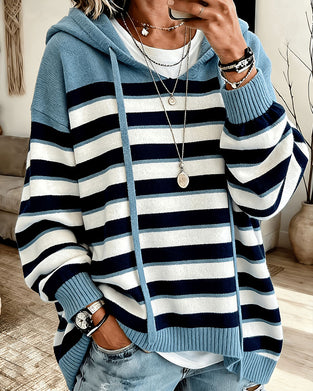 Pullover Gestreift Mit Kapuze Kordelzug