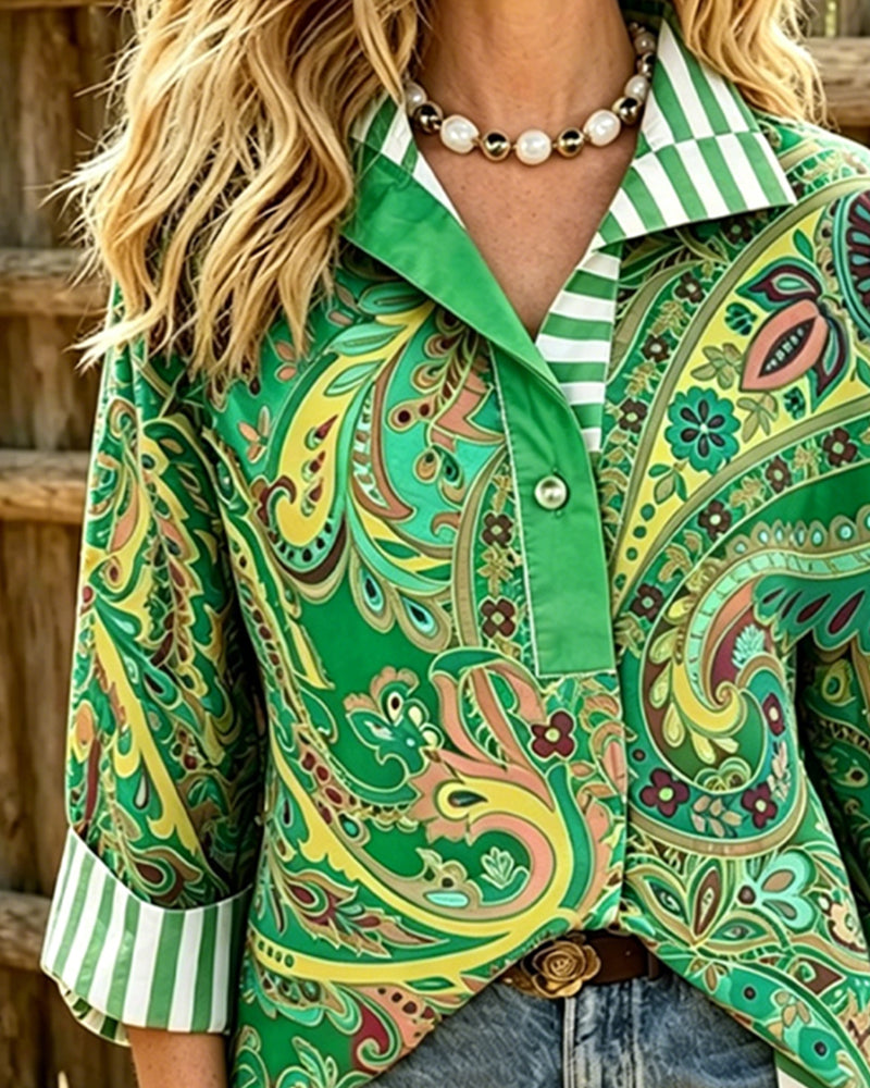 Bluse Patchwork Blumig Druck Lässig