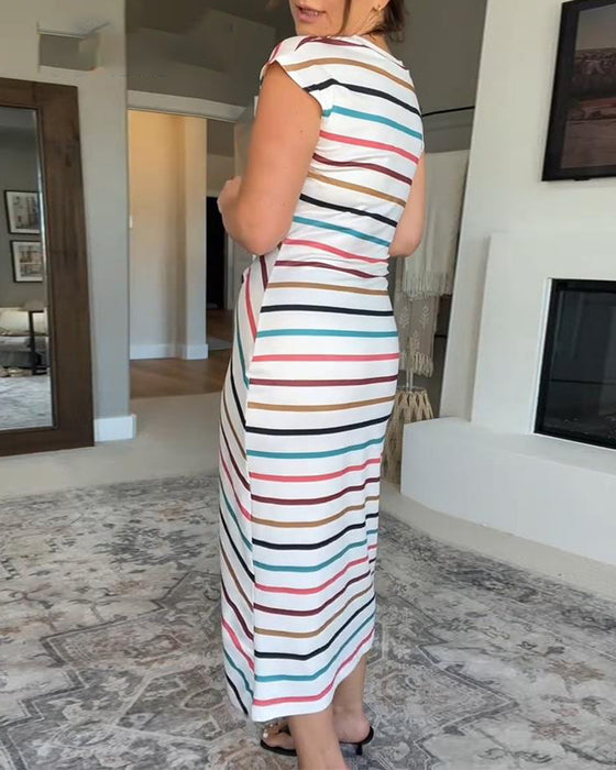 Kleid Lässig Bunt Gestreift Taillengürtel